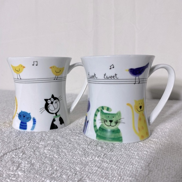 Stokes Gourmet Cat Kitty Bird Music Mugs x2 - Picture 1 of 10